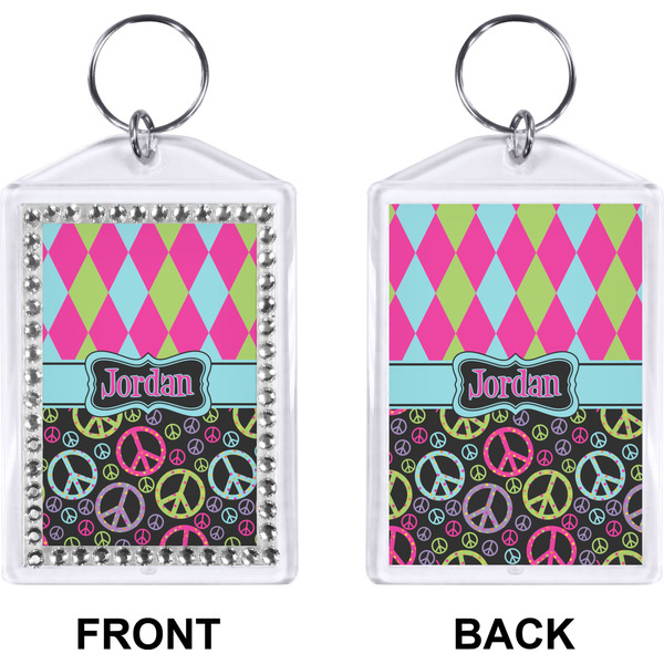 Harlequin & Peace Signs Bling Keychain (Front + Back)