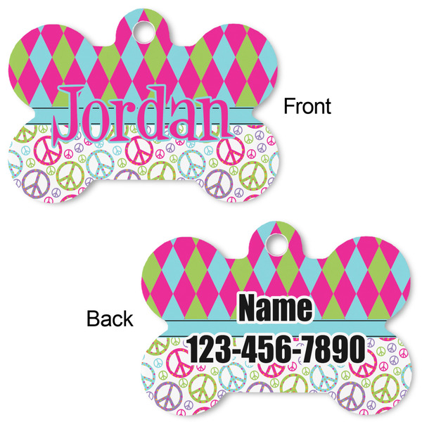 Harlequin & Peace Signs Bone Shaped Dog ID Tag - Large - Approval