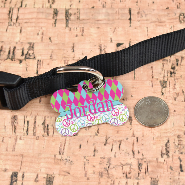 Harlequin & Peace Signs Bone Shaped Dog ID Tag - Large - In Context