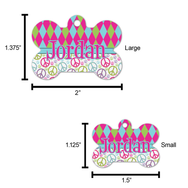 Harlequin & Peace Signs Bone Shaped Dog ID Tag - Large - Scale