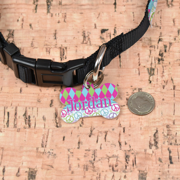 Harlequin & Peace Signs Bone Shaped Dog ID Tag - Small - In Context