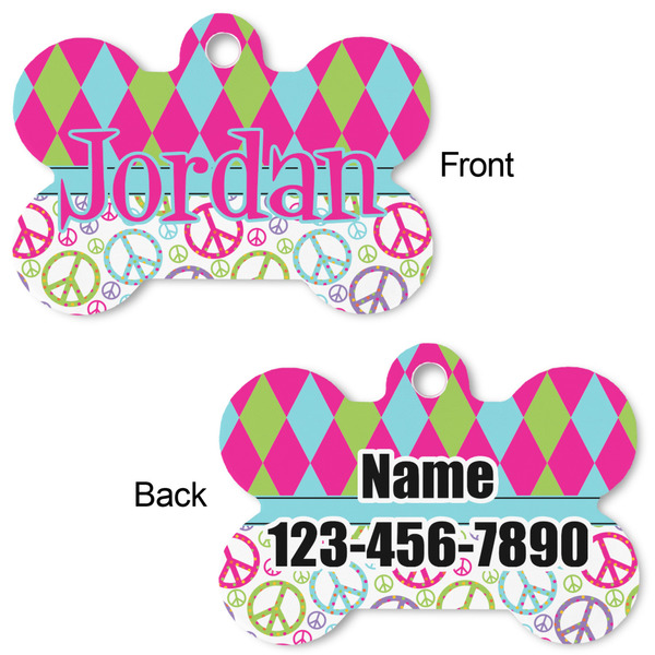 Harlequin & Peace Signs Bone Shaped Dog Tag - Front & Back