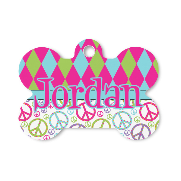 Custom Harlequin & Peace Signs Bone Shaped Dog ID Tag - Small (Personalized)