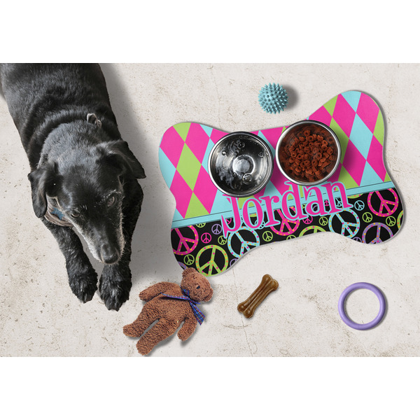 Harlequin & Peace Signs Bone Shaped Mat w/ Food & Water