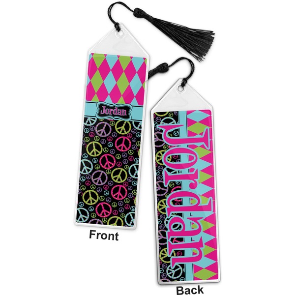Harlequin & Peace Signs Bookmark with tassel - Front and Back