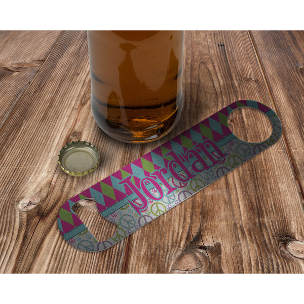 Harlequin & Peace Signs Bottle Opener - In Use