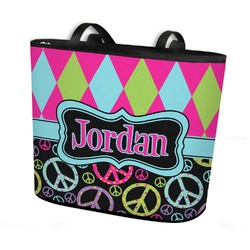 Harlequin & Peace Signs Bucket Tote w/ Genuine Leather Trim - Large w/ Front & Back Design (Personalized)