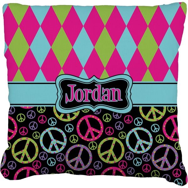 Custom Harlequin & Peace Signs Faux-Linen Throw Pillow 16" (Personalized)