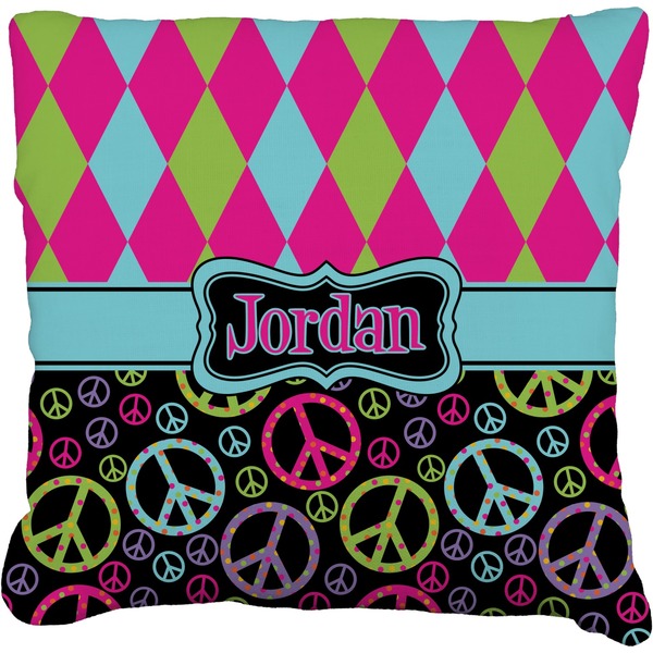 Custom Harlequin & Peace Signs Faux-Linen Throw Pillow 18" (Personalized)