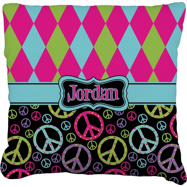 Custom Harlequin & Peace Signs Faux-Linen Throw Pillow 20" (Personalized)