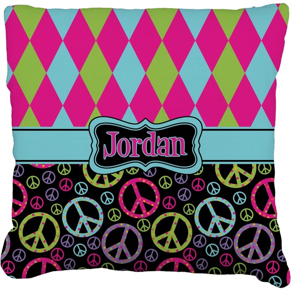 Custom Harlequin & Peace Signs Faux-Linen Throw Pillow 26" (Personalized)