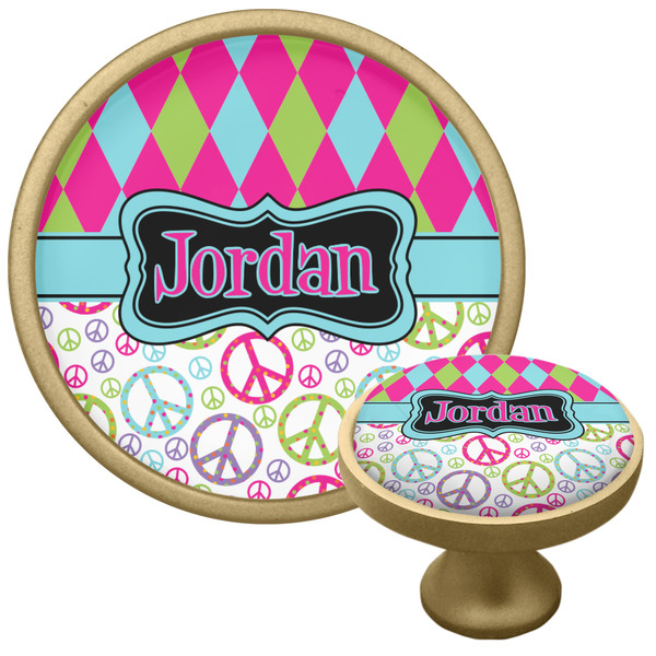 Custom Harlequin & Peace Signs Cabinet Knob - Gold (Personalized)
