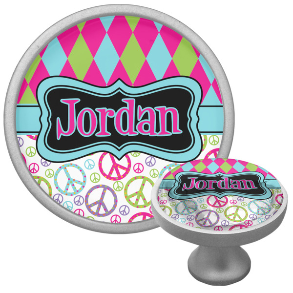 Custom Harlequin & Peace Signs Cabinet Knob (Silver) (Personalized)