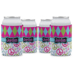 Harlequin & Peace Signs Can Cooler (12 oz) - Set of 4 w/ Name or Text