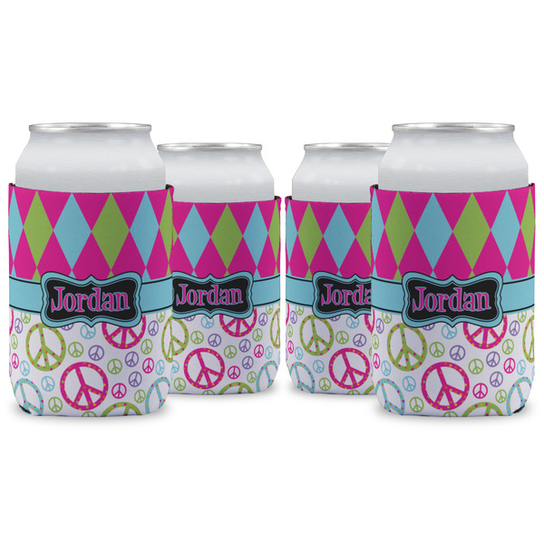 Custom Harlequin & Peace Signs Can Cooler (12 oz) - Set of 4 w/ Name or Text