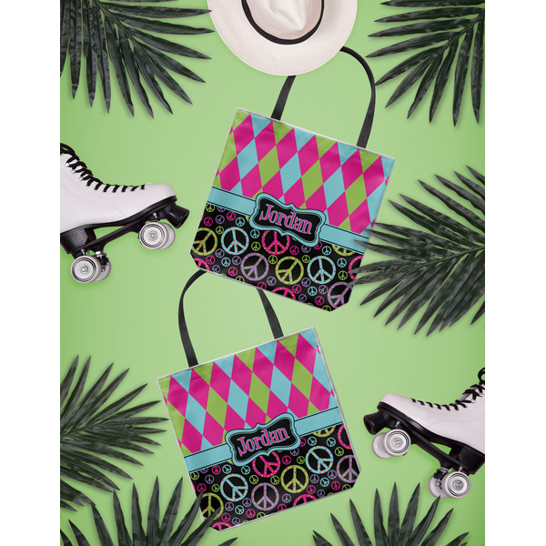 Harlequin & Peace Signs Canvas Tote Lifestyle Front and Back- 13x13