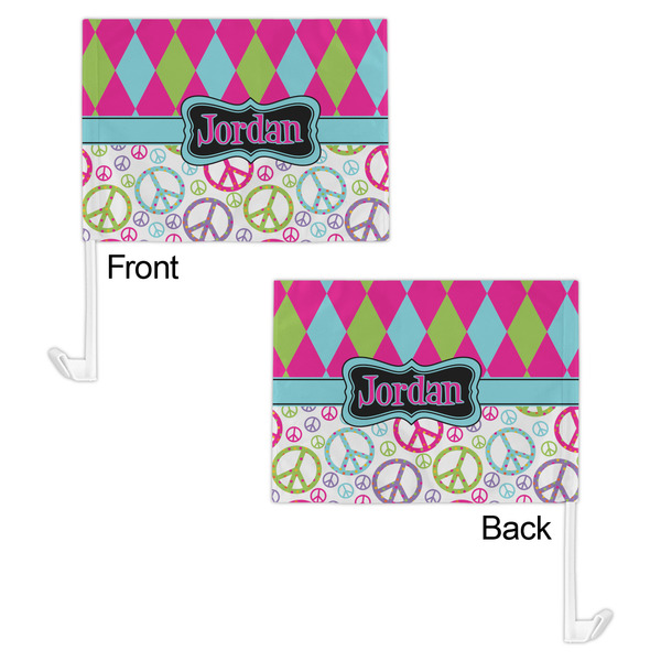 Harlequin & Peace Signs Car Flag - 11" x 8" - Front & Back View