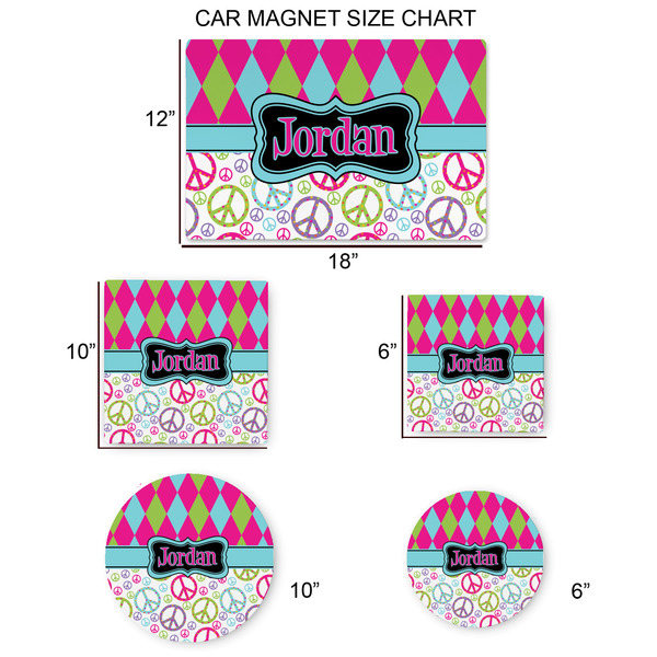 Harlequin & Peace Signs Car Magnets - SIZE CHART