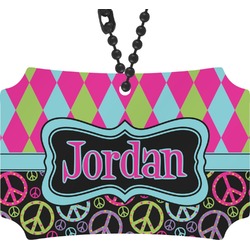 Harlequin & Peace Signs Rear View Mirror Ornament (Personalized)
