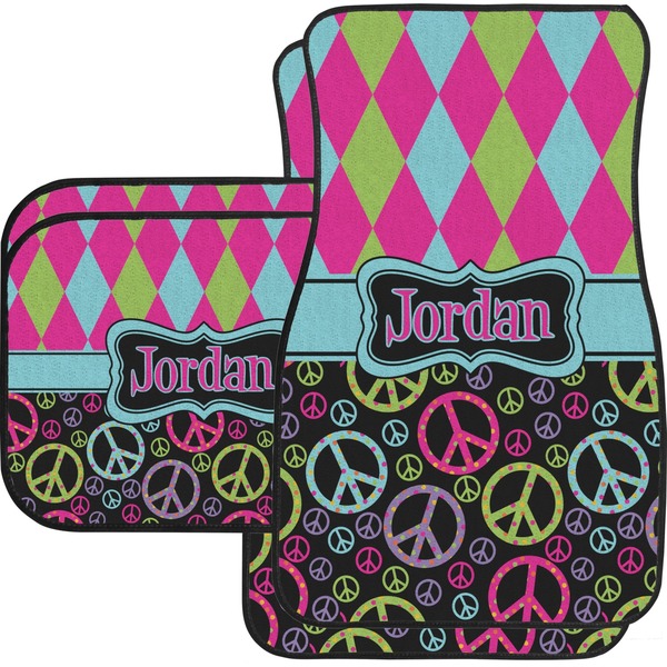 Custom Harlequin & Peace Signs Car Floor Mats Set - 2 Front & 2 Back (Personalized)