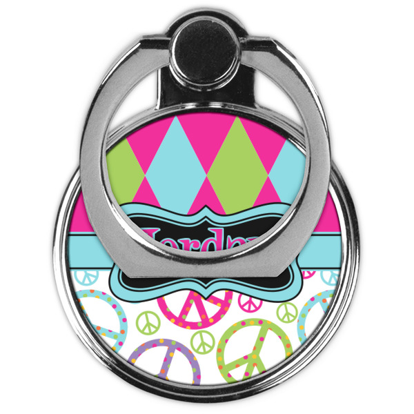 Harlequin & Peace Signs Cell Phone Ring Stand & Holder - Front (Collapsed)