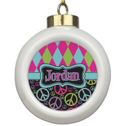 Harlequin & Peace Signs Ceramic Ball Ornament (Personalized)