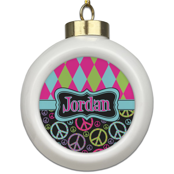 Custom Harlequin & Peace Signs Ceramic Ball Ornament (Personalized)