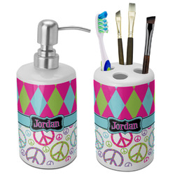 Harlequin & Peace Signs Ceramic Bathroom Accessories Set (Personalized)