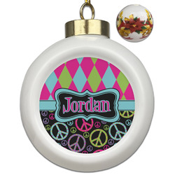 Harlequin & Peace Signs Ceramic Ball Ornaments - Poinsettia Garland (Personalized)