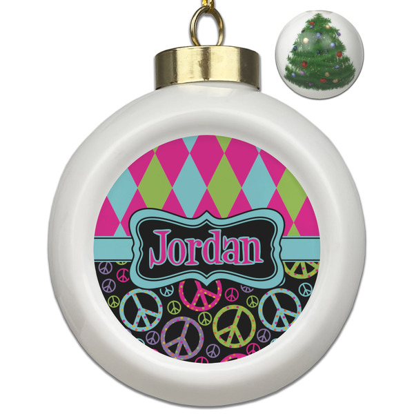 Custom Harlequin & Peace Signs Ceramic Ball Ornament - Christmas Tree (Personalized)