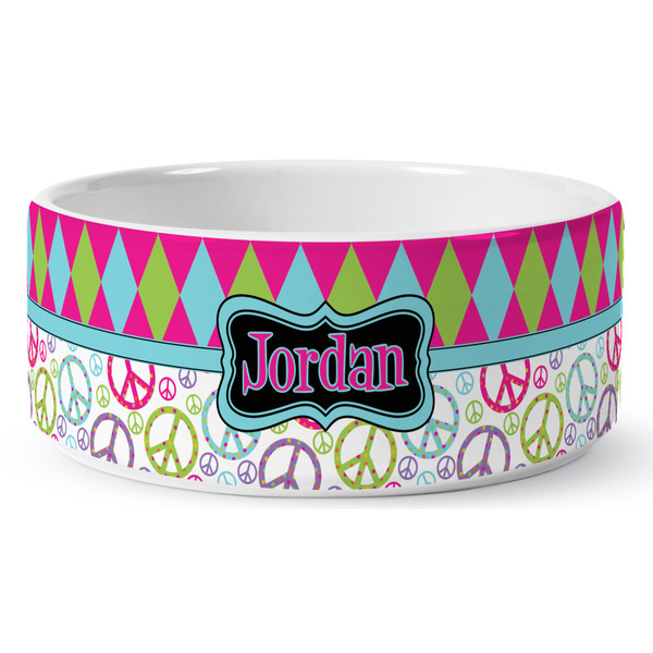 Harlequin & Peace Signs Ceramic Dog Bowl - Medium - Front