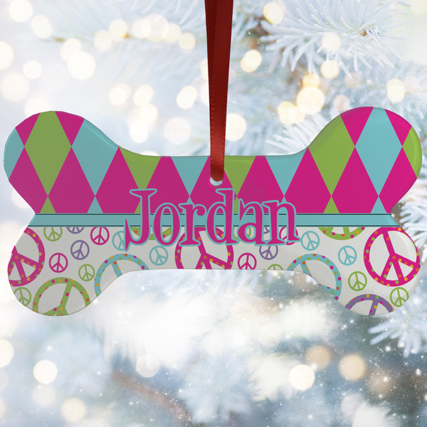 Custom Harlequin & Peace Signs Ceramic Dog Ornament w/ Name or Text