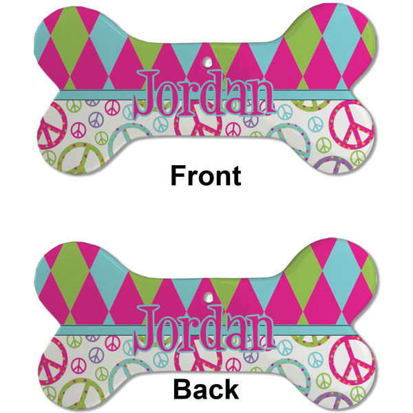 Harlequin & Peace Signs Ceramic Flat Ornament - Bone Front & Back (APPROVAL)