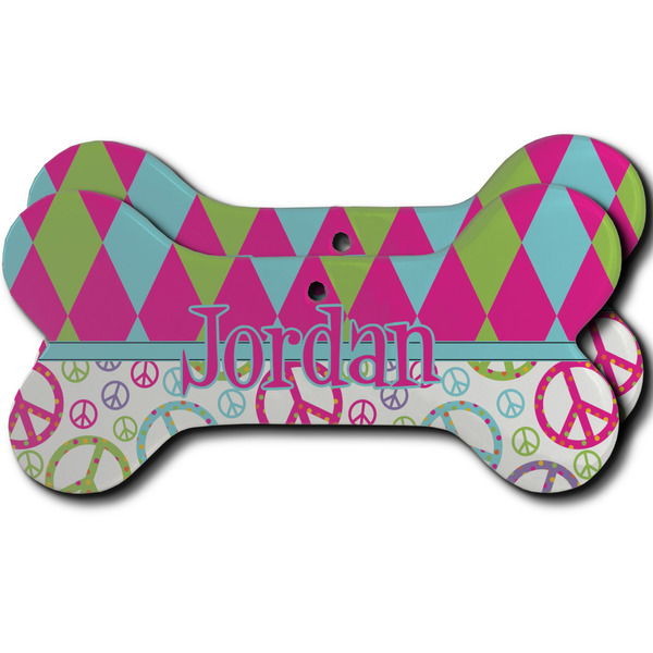 Custom Harlequin & Peace Signs Ceramic Dog Ornament - Front & Back w/ Name or Text