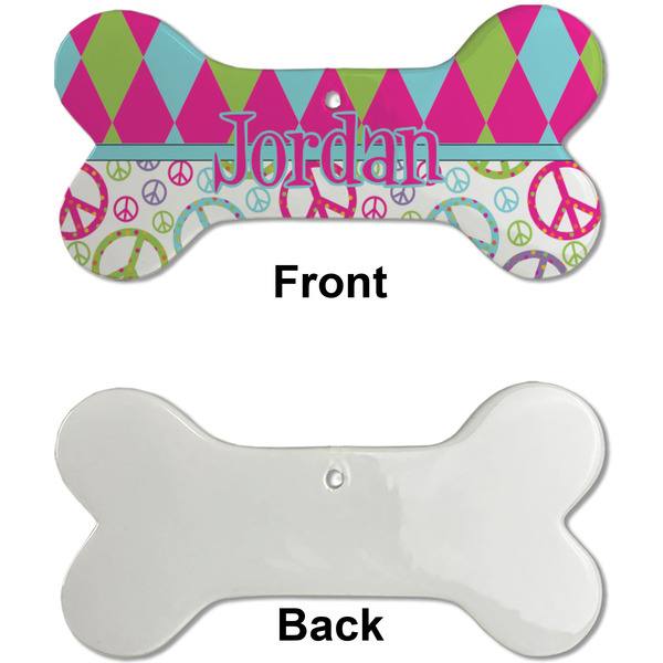 Harlequin & Peace Signs Ceramic Flat Ornament - Bone Front & Back Single Print (APPROVAL)