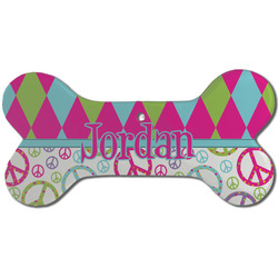 Harlequin & Peace Signs Ceramic Dog Ornament - Front w/ Name or Text