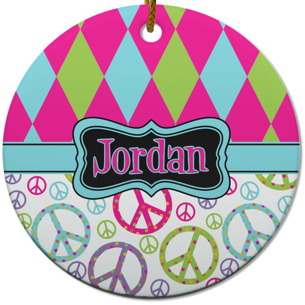 Custom Harlequin & Peace Signs Round Ceramic Ornament w/ Name or Text