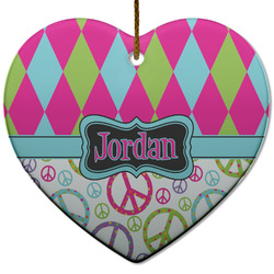 Harlequin & Peace Signs Heart Ceramic Ornament w/ Name or Text