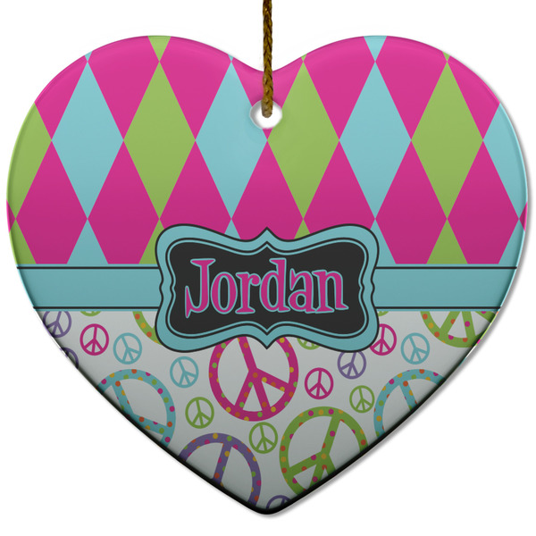 Custom Harlequin & Peace Signs Heart Ceramic Ornament w/ Name or Text