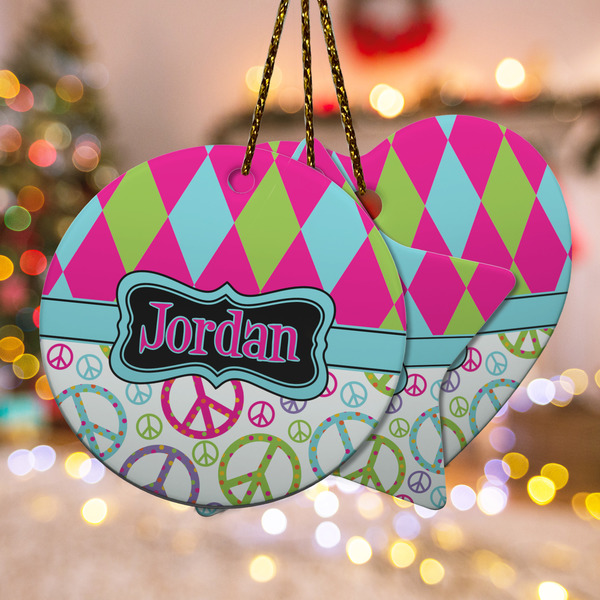 Custom Harlequin & Peace Signs Ceramic Ornament w/ Name or Text