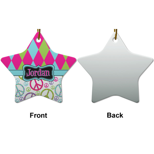 Harlequin & Peace Signs Ceramic Flat Ornament - Star Front & Back (APPROVAL)