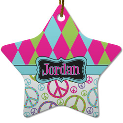 Harlequin & Peace Signs Star Ceramic Ornament w/ Name or Text