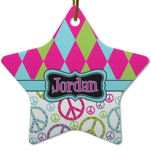 Custom Harlequin & Peace Signs Star Ceramic Ornament w/ Name or Text