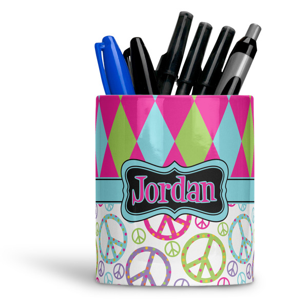 Custom Harlequin & Peace Signs Ceramic Pen Holder