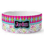Harlequin & Peace Signs Ceramic Dog Bowl - Large (Personalized)
