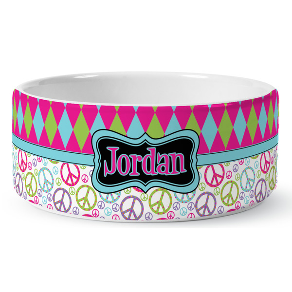 Custom Harlequin & Peace Signs Ceramic Dog Bowl - Large (Personalized)