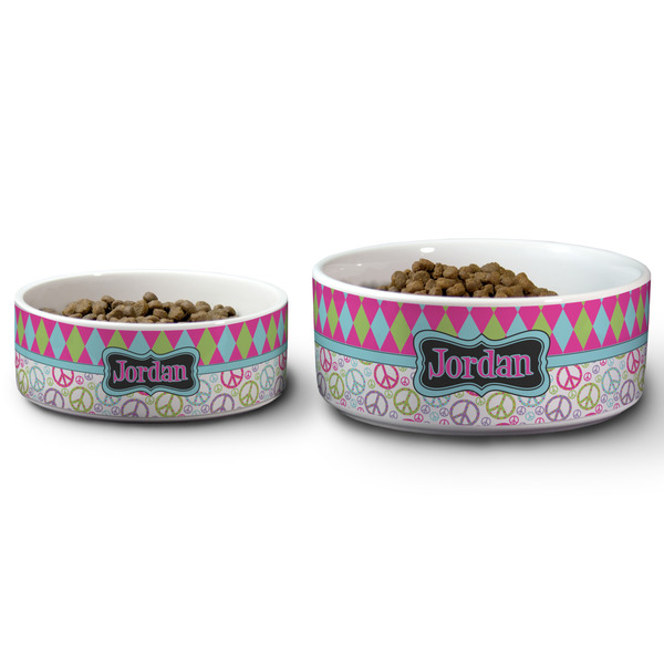 Harlequin & Peace Signs Ceramic Dog Bowls - Size Comparison