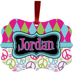 Harlequin & Peace Signs Metal Frame Ornament - Double Sided w/ Name or Text