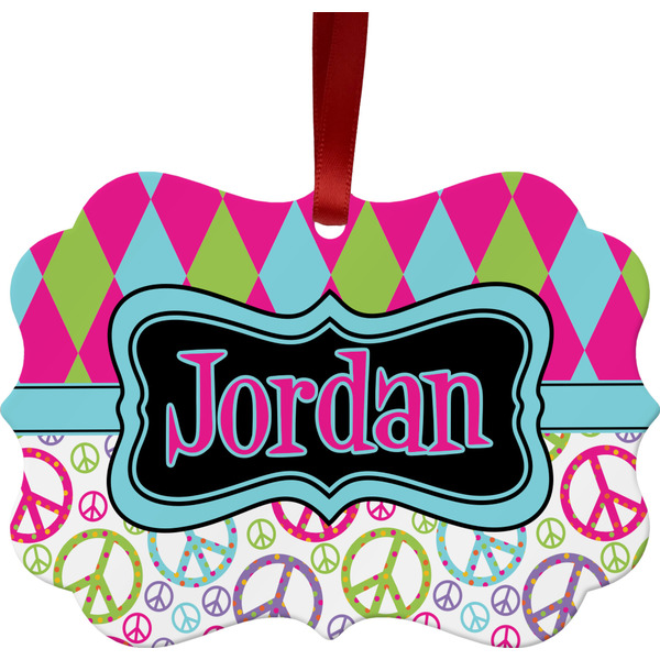 Custom Harlequin & Peace Signs Metal Frame Ornament - Double Sided w/ Name or Text