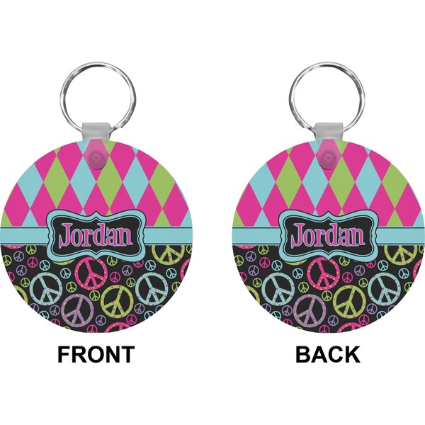 Harlequin & Peace Signs Circle Keychain (Front + Back)